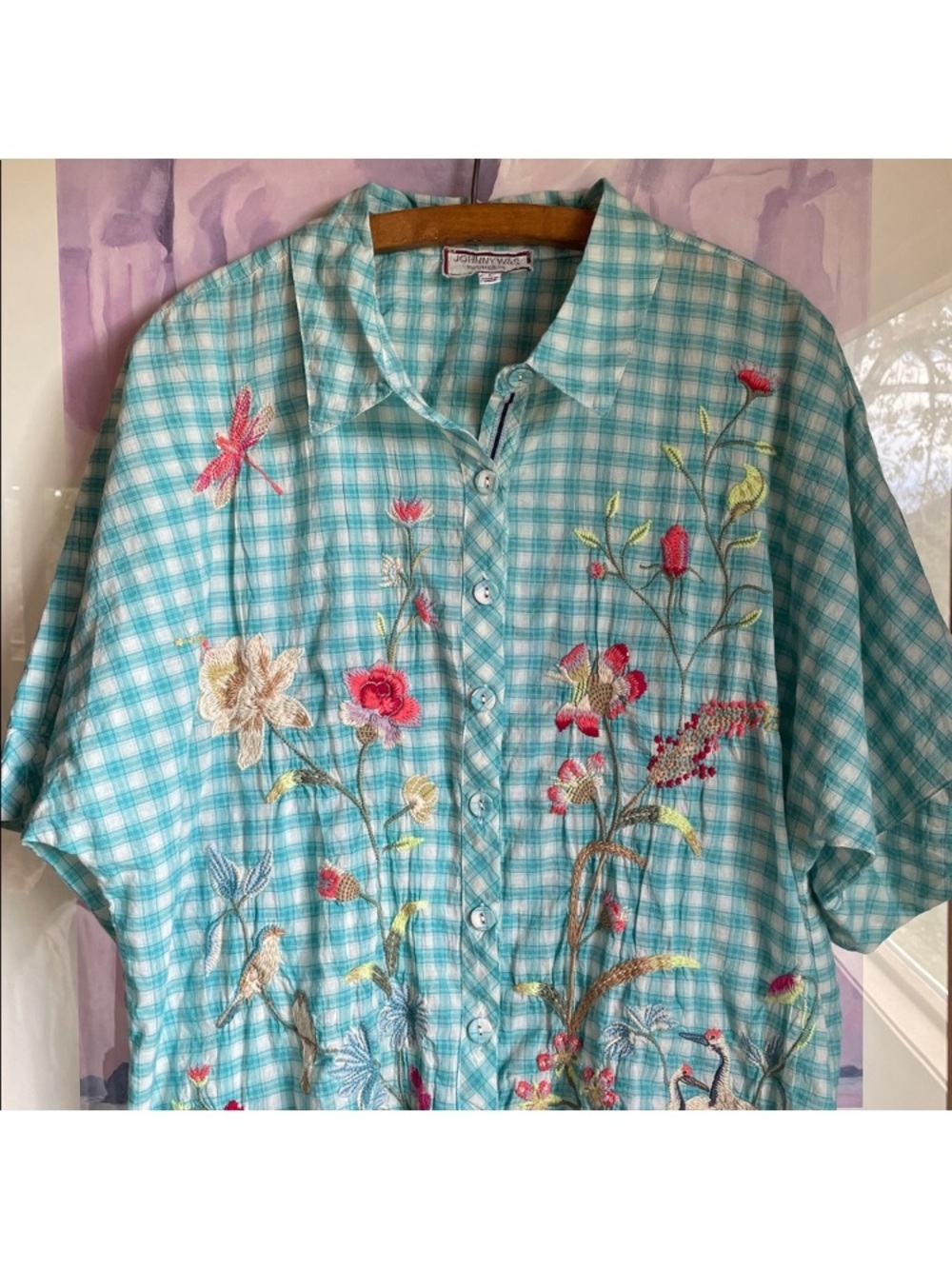 Johnny Was Turquoise Gingham Embroidered Button-Front Blouse , great condition! - Picture 3 of 16